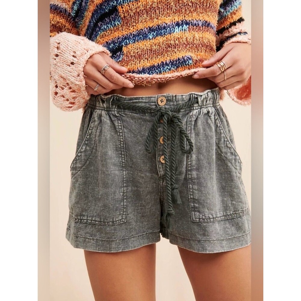 Free People Washed Black Linen Blend Drawstring Bermuda Shorts Sz M Beach Boho